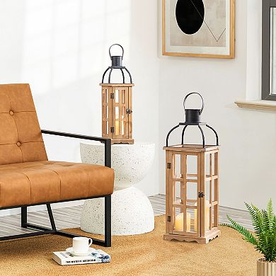 Glitzhome Set of 2 Vintage Wood/Metal Lanterns with Handle for Hanging