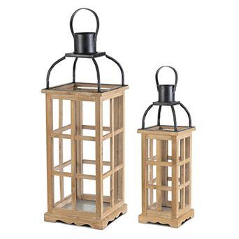 Glitzhome Set of 2 Vintage Wood/Metal Lanterns with Handle for Hanging