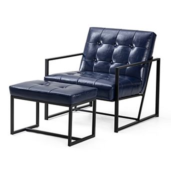 Glitzhome Set of 2 Modern Thick Leatherette Accent Chair & Accent Stool