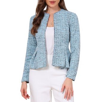 Women's Tweed Blazers Collarless Long Sleeve Open Front Vintage Business Cropped Suit Blazer Jacket
