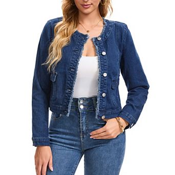 Womens Collarless Denim Jacket Frayed Edge Long Sleeve Button Down Cropped Jean Jackets