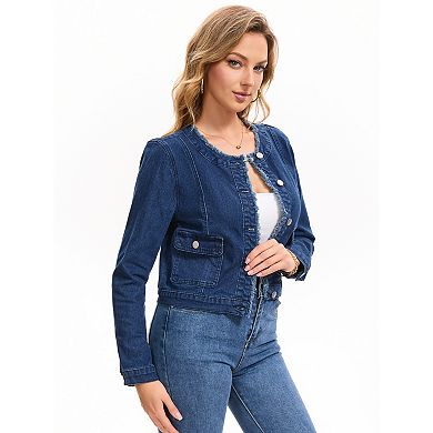 Womens Collarless Denim Jacket Frayed Edge Long Sleeve Button Down Cropped Jean Jackets