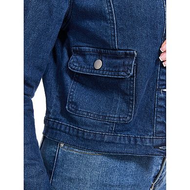 Womens Collarless Denim Jacket Frayed Edge Long Sleeve Button Down Cropped Jean Jackets