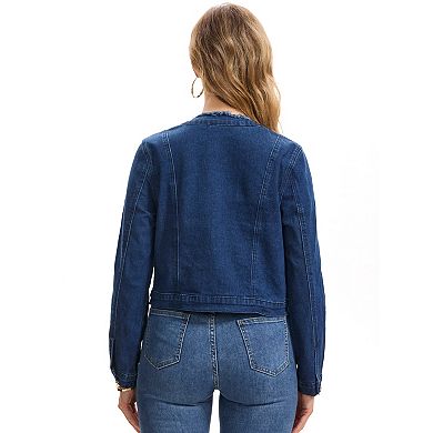 Womens Collarless Denim Jacket Frayed Edge Long Sleeve Button Down Cropped Jean Jackets