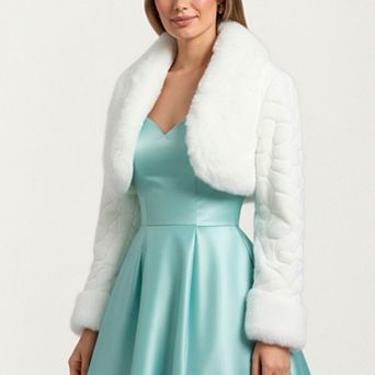 Women's Plush Faux Fur Bolero Jacket with Soft Wide Collar Quilted Texture Sleeves