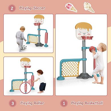 3-in-1 Kids Basketball Stand Set with Soccer and Ring Roller