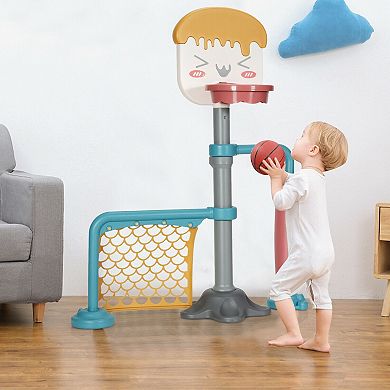 3-in-1 Kids Basketball Stand Set with Soccer and Ring Roller
