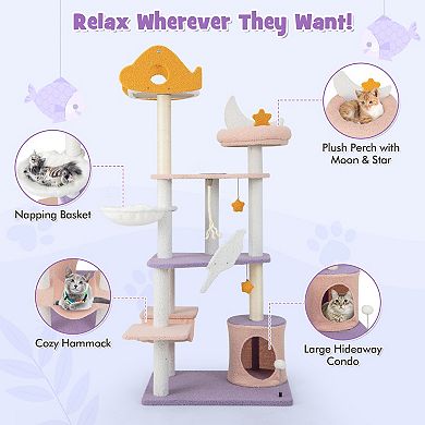 66" Multi-Level Cat Tree Tower with Sisal Scratch Posts, Purple