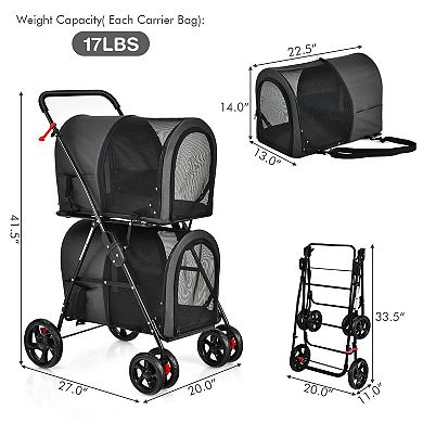 Beige 4-in-1 Double Pet Stroller with Detachable Carrier for Travel