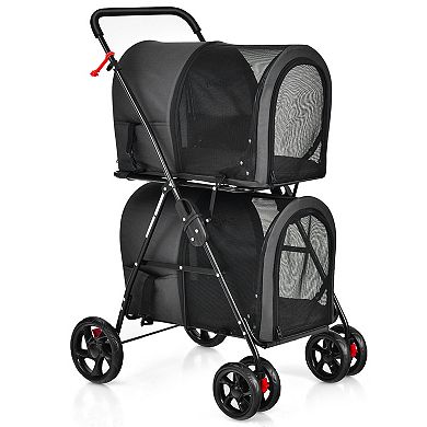 Beige 4-in-1 Double Pet Stroller with Detachable Carrier for Travel