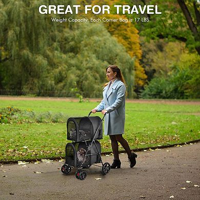 Beige 4-in-1 Double Pet Stroller with Detachable Carrier for Travel