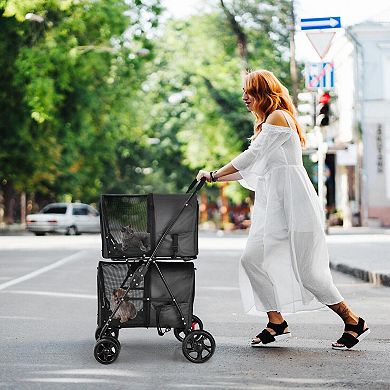 Beige 4-in-1 Double Pet Stroller with Detachable Carrier for Travel