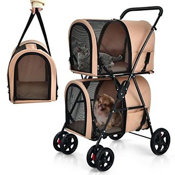 Beige 4-in-1 Double Pet Stroller with Detachable Carrier for Travel