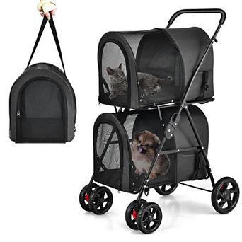 Beige 4-in-1 Double Pet Stroller with Detachable Carrier for Travel