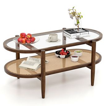 2 tier Coffee Table with Tempered Glass Top and Acacia Wood Frame Brown