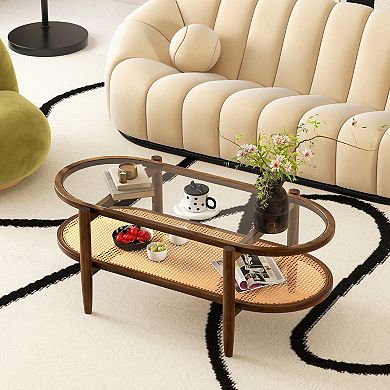 2 Tier Coffee Table with Tempered Glass Top and Acacia Wood Frame Brown