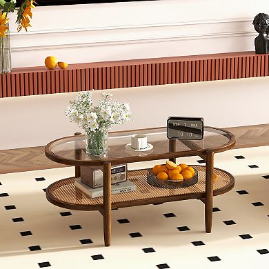 2 Tier Coffee Table with Tempered Glass Top and Acacia Wood Frame Brown