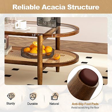 2 Tier Coffee Table with Tempered Glass Top and Acacia Wood Frame Brown