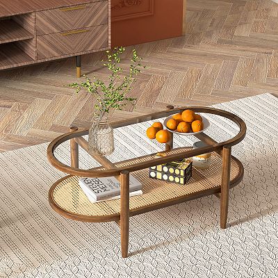 2 Tier Coffee Table with Tempered Glass Top and Acacia Wood Frame