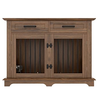 Dog Crate Furniture with Storage Drawers & Rotating Bowls, Indoor Kennel End Table
