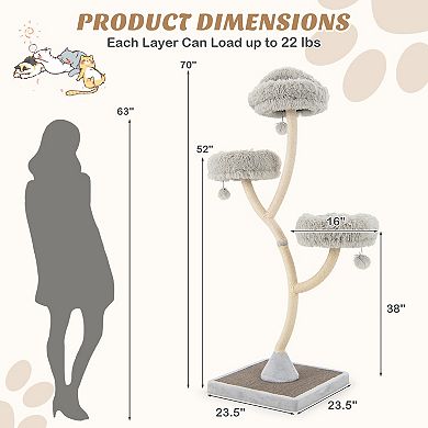 70-Inch Gray Cat Tree Tower with 4 Layers, Perches, and Dangling Balls