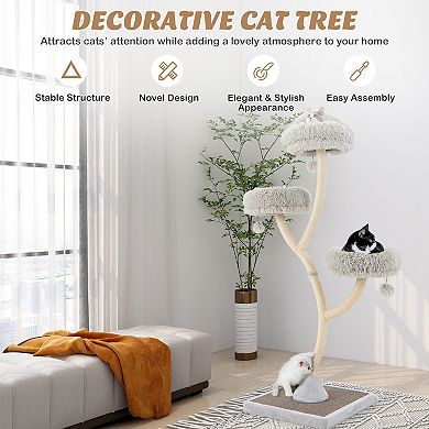 70-Inch Gray Cat Tree Tower with 4 Layers, Perches, and Dangling Balls