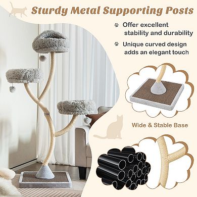70-Inch Gray Cat Tree Tower with 4 Layers, Perches, and Dangling Balls