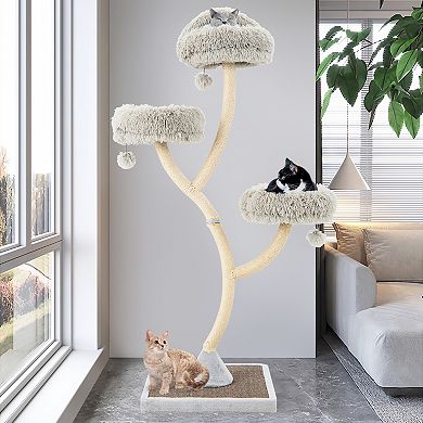 70-Inch Gray Cat Tree Tower with 4 Layers, Perches, and Dangling Balls