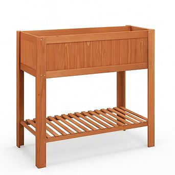 Fir Wood Raised Garden Bed with Storage Shelf and Liner for Outdoor Planting Brown