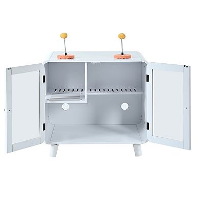 Cat Litter Box Enclosure with RGB Light, Glass Doors and Side Stairs