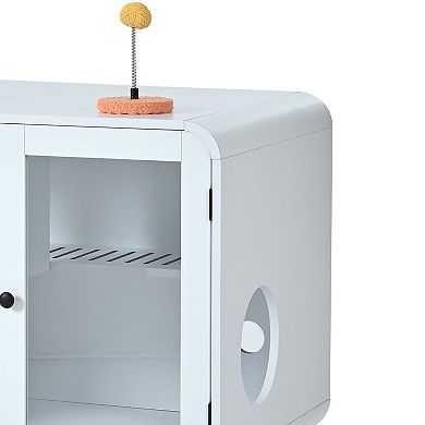Cat Litter Box Enclosure with RGB Light, Glass Doors and Side Stairs
