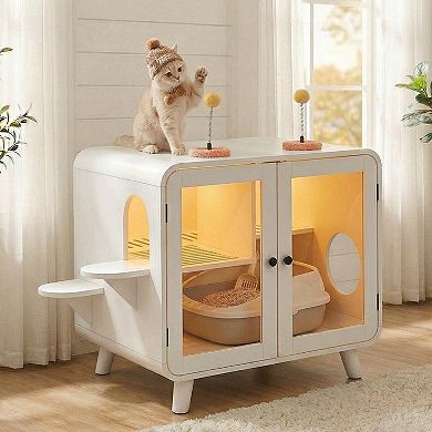 Cat Litter Box Enclosure with RGB Light, Glass Doors and Side Stairs