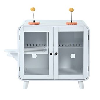 Cat Litter Box Enclosure with RGB Light, Glass Doors and Side Stairs