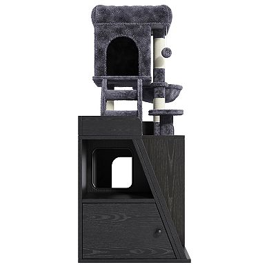 Litter Box Enclosure with Cat Tree, LED Light & Scratching Board, Cat Furniture