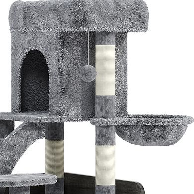 Litter Box Enclosure with Cat Tree, LED Light & Scratching Board, Cat Furniture