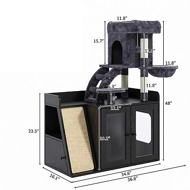Litter Box Enclosure with Cat Tree, LED Light & Scratching Board, Cat Furniture