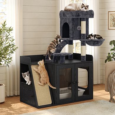 Litter Box Enclosure with Cat Tree, LED Light & Scratching Board, Cat Furniture
