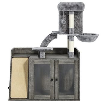 Litter Box Enclosure with Cat Tree, LED Light & Scratching Board, Cat Furniture