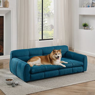 Large Dog Sofa Bed with Armrests & Backrest, Plush Linen Pet Couch