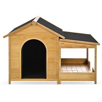 Insulated Outdoor Dog House with Porch, Weatherproof Pine Kennel for Large Dogs