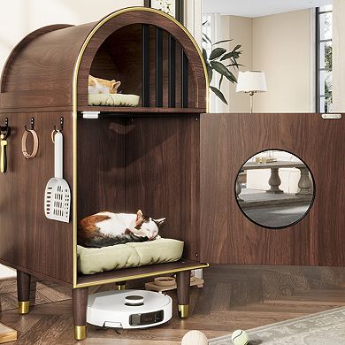 2-Tier Cat Litter Box Enclosure with Side Hooks & Raised Legs, Indoor Cat House