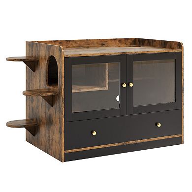 Hidden Cat Litter Box Enclosure with Drawer & Stairs, Cat House Side Table