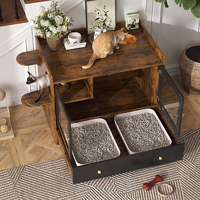 Hidden Cat Litter Box Enclosure with Drawer & Stairs, Cat House Side Table
