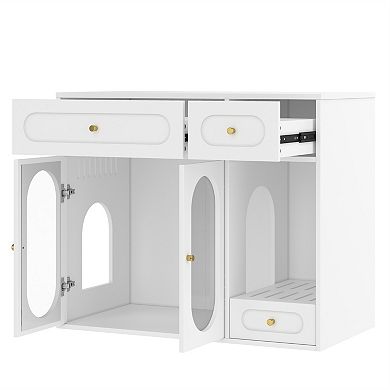 Hidden Cat Litter Box Enclosure with LED Light & Storage Drawers, Pet House Cabinet