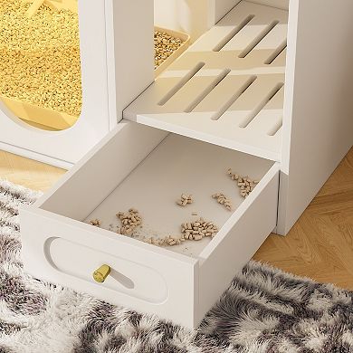 Hidden Cat Litter Box Enclosure with LED Light & Storage Drawers, Pet House Cabinet
