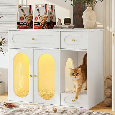 Hidden Cat Litter Box Enclosure with LED Light & Storage Drawers, Pet House Cabinet