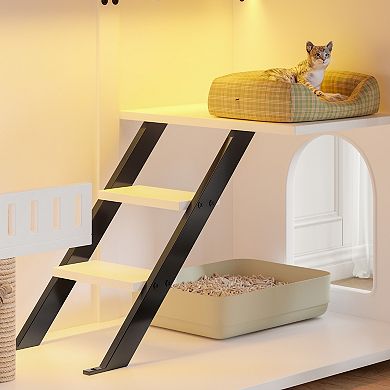 Cat Litter Box Enclosure with LED Light & Scratching Post, Hidden Cat House
