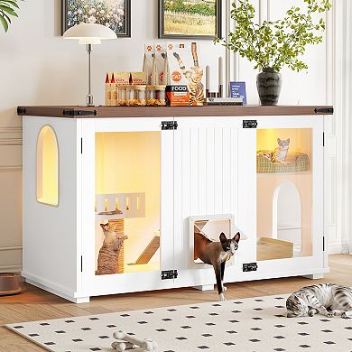 Cat Litter Box Enclosure with LED Light & Scratching Post, Hidden Cat House
