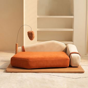 Wooden Pet Bed with Washable Cushion & Hanging Toy, Cat and Dog Sofa Bed