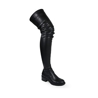 Bruna-1 Slouchy Over-the-Knee Riding Boots with Block Heel and Stretch Shaft
